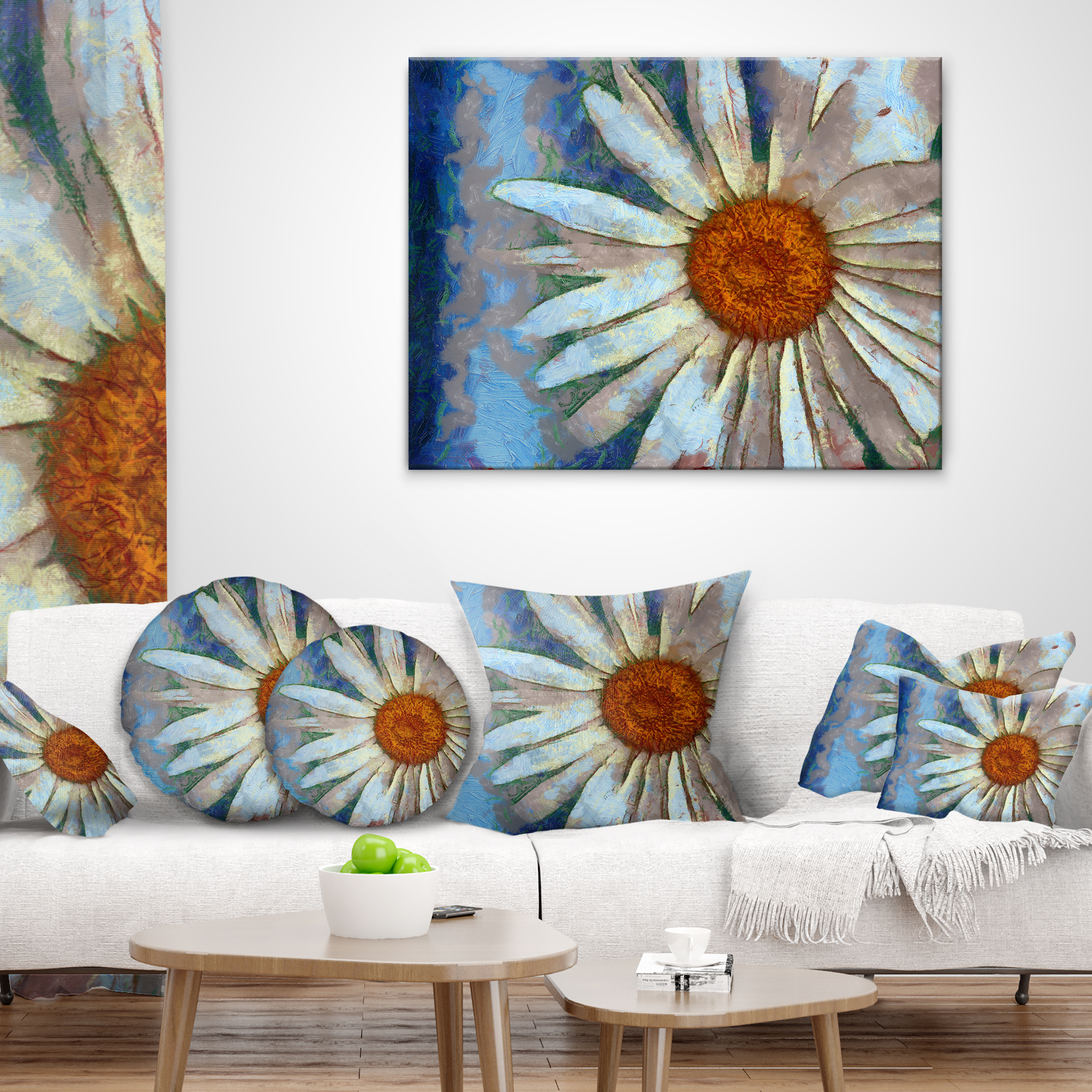 Designart Hand drawn White Chamomile Flower - Flower Throw Pillow - 18x18