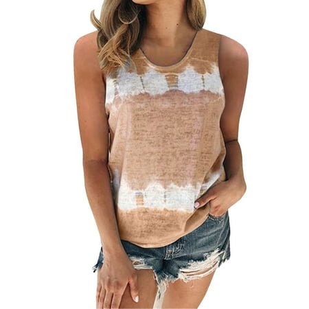 DondPO Tank Tops for Women Going Out Tops Womens Plus Size Summer Spring Summer Sleeveless Tie Dye Print Patchwork Crew Neck Tanks Tops(S 5XL) Corset Tops for Women Graphic Tees for Women Khaki S