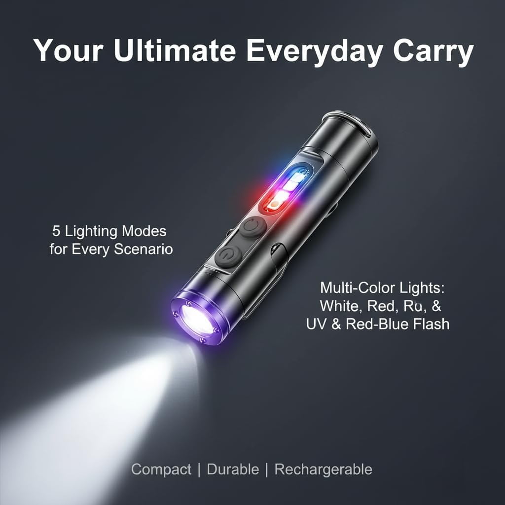 Pocket Rechargeable EDC Flashlight - 500 Lumens Mini Keychain Light with Fire Starter, Window Breaker & Magnetic Base, Multi-Color & UV Side Lights, Emergency Strobe for Camping, Travel, Car Survival