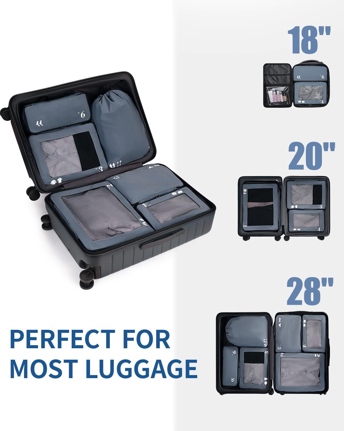 WANDF 7 Set Packing Cubes Travel Accessories,Tear-Resistant Luggage Packing Organizers with Number Icon, Machine Washable Suitcase Packing Cubes for Travel,Airplane,Camping(Grey Bag)