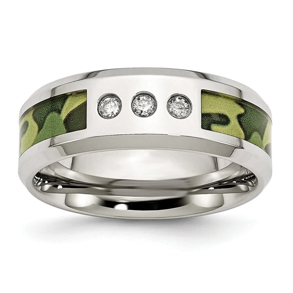 Chisel Stainless Steel Polished Camouflage 1/10 Carat Diamond 8mm Band SR412A