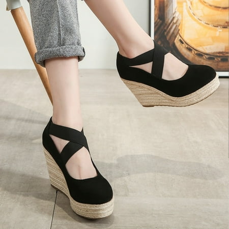 

Aayomet Flat Sandals for Women Straw Rope Fisherman Shoes Women Round Toe Rubber Platform Women High Heels Fashion Espadrilles Black 6.5