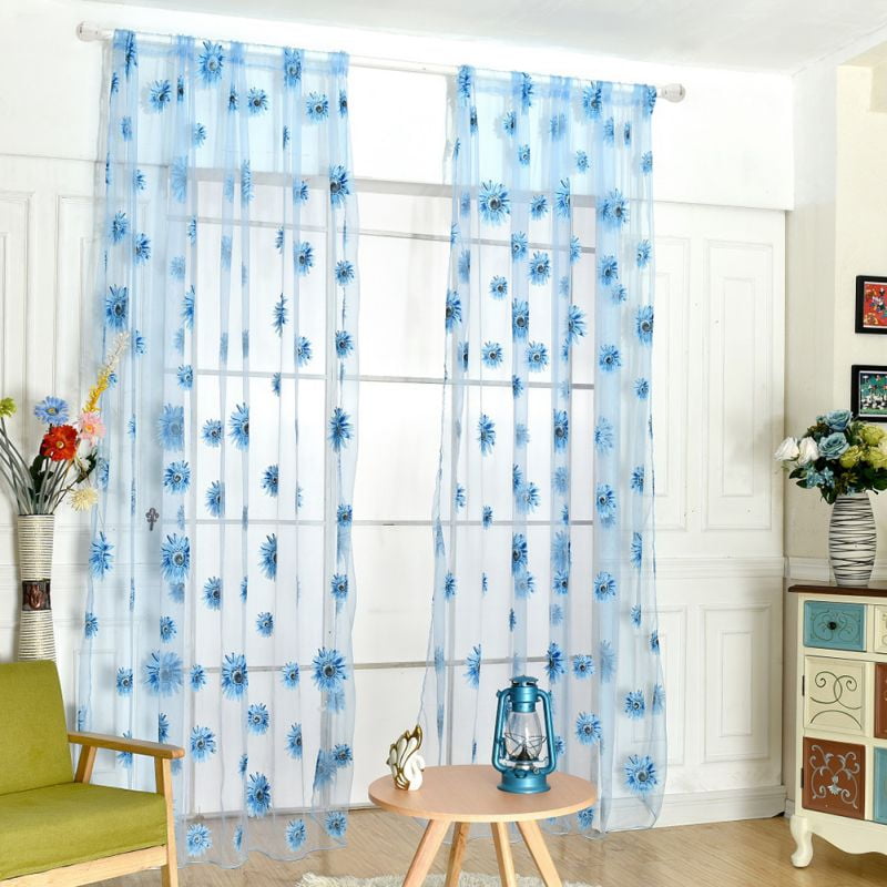 Sheer Voile Window Curtains Sun Flower Drape Panel,Room Door Divider Home Decor 