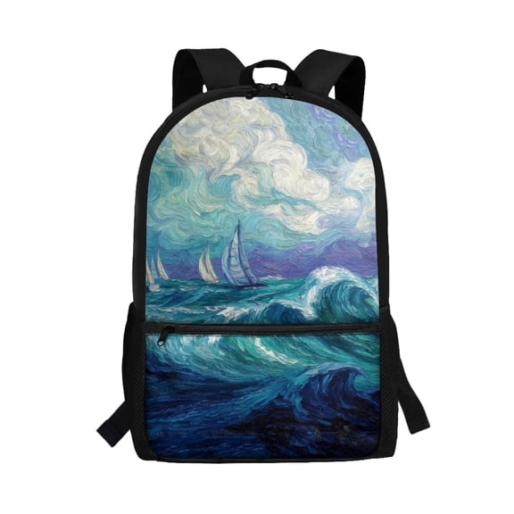 Uourmeti Durable Backpack for Daily Use School, 17 Inch Personalized School Backpack, Wave and Sailboat Art Pattern