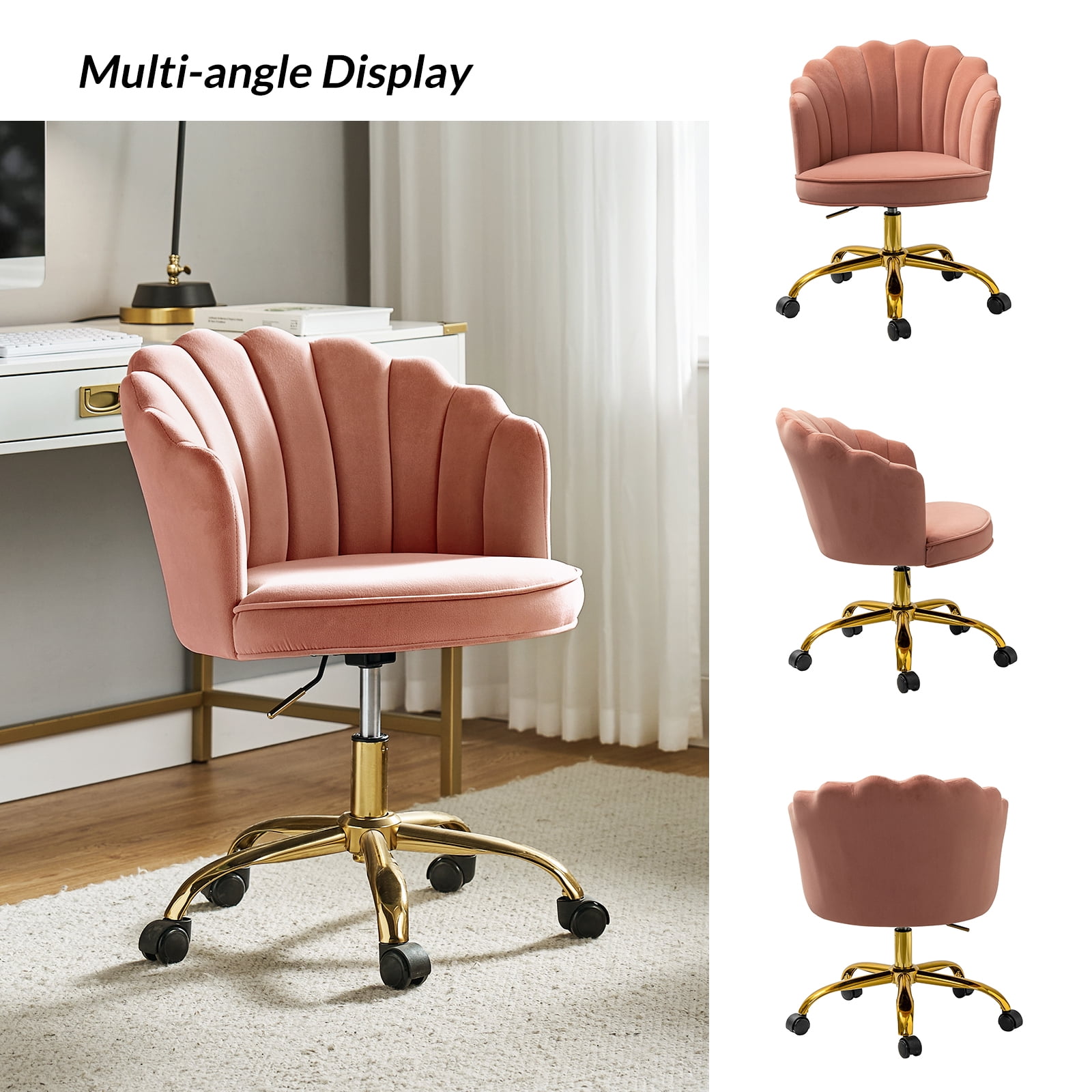 Makeup Vanity Chair Upholstered Velvet Office Task Desk Chair Swivel Adjustable Pink