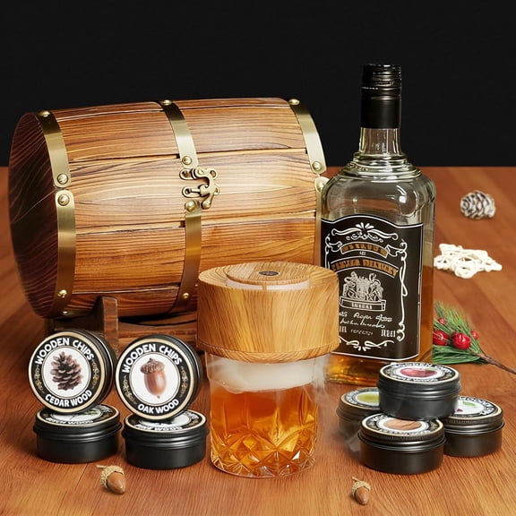 Whiskey Smoker Kit - Electric Cocktail Smoker with Wooden Barrel Case and 8 Flavors Wood Chips, Old Fashioned Smoker Kit Bourbon Gifts for Men
