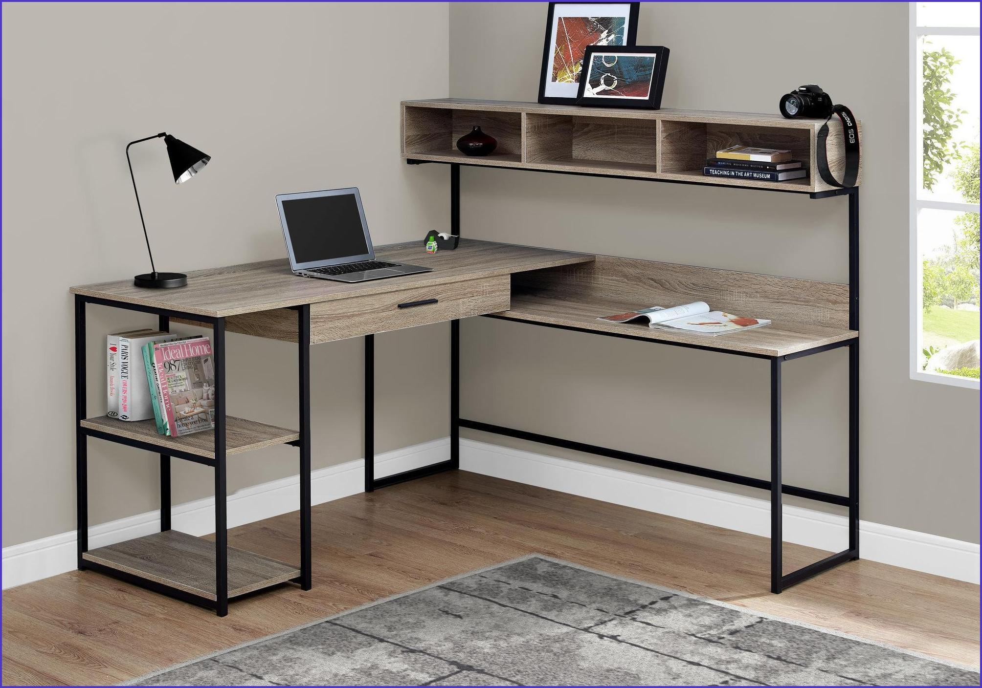 Desks, L-Shaped Corner Home Office Desk with Storage, Modern Dark Taupe Laminate Black Metal | Taupe | MDF