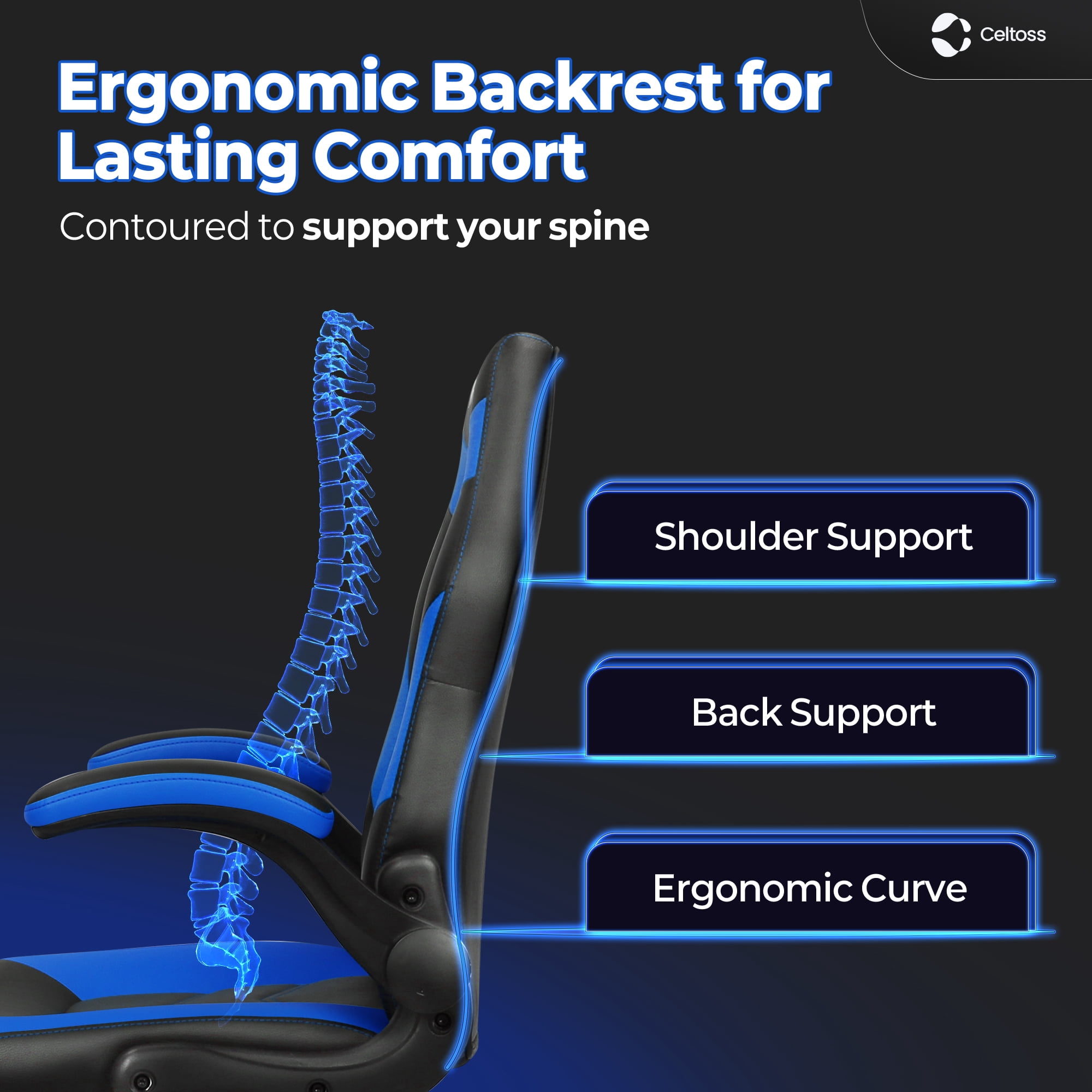 CELTOSS  Blue Gaming Chair, Flip-up Armrest Computer Chair Ergonomic Office Chair PU Leather Desk Chair Executive Adjustable Swivel Task Chair