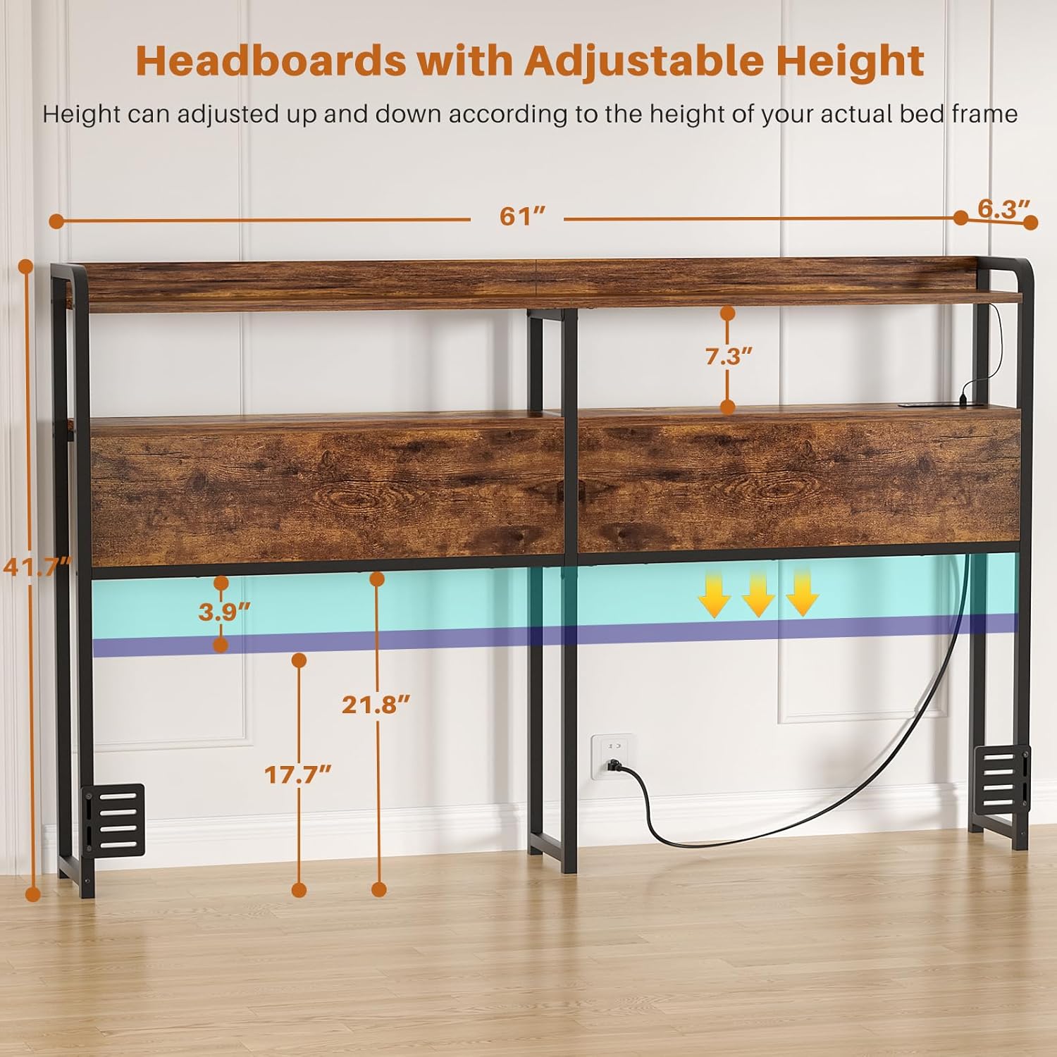 iSunrim Headboard for Queen Size Bed Frame, Headboard with Charging Station, USB Ports and LED Light, Headboard with Storage, Height Adjustable, Queen Size, Rustic Brown