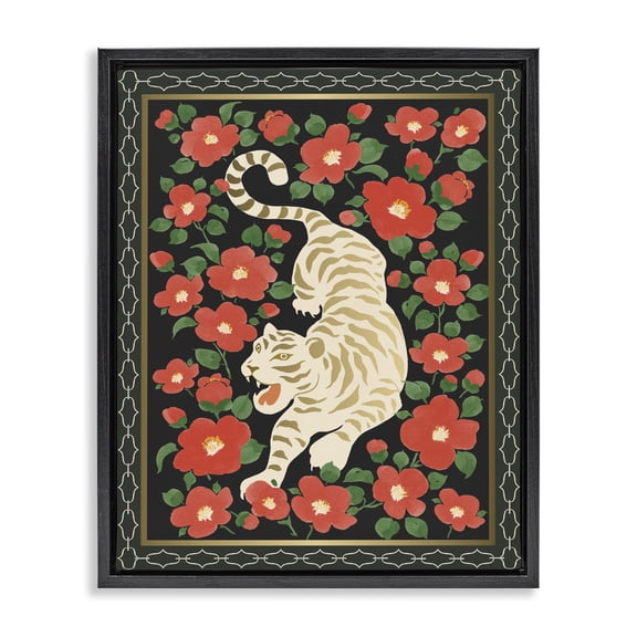 Stupell Industries Ivory Tiger Among Camelias Black Framed Floater Canvas Wall Art, design by Karolina Sato