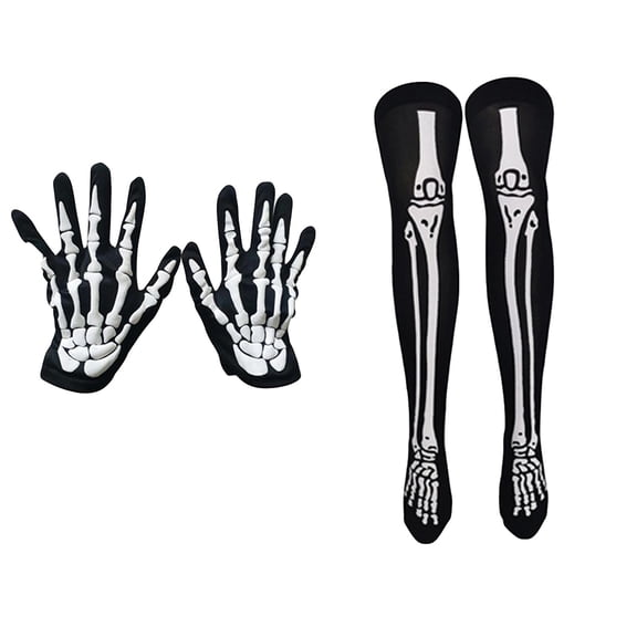 2 Piece Halloween Costume Accessory Set Women’s Black White Print over the Knee Thigh High Socks Full Finger Gloves for Halloween Party Masquerade Gothic Outfits