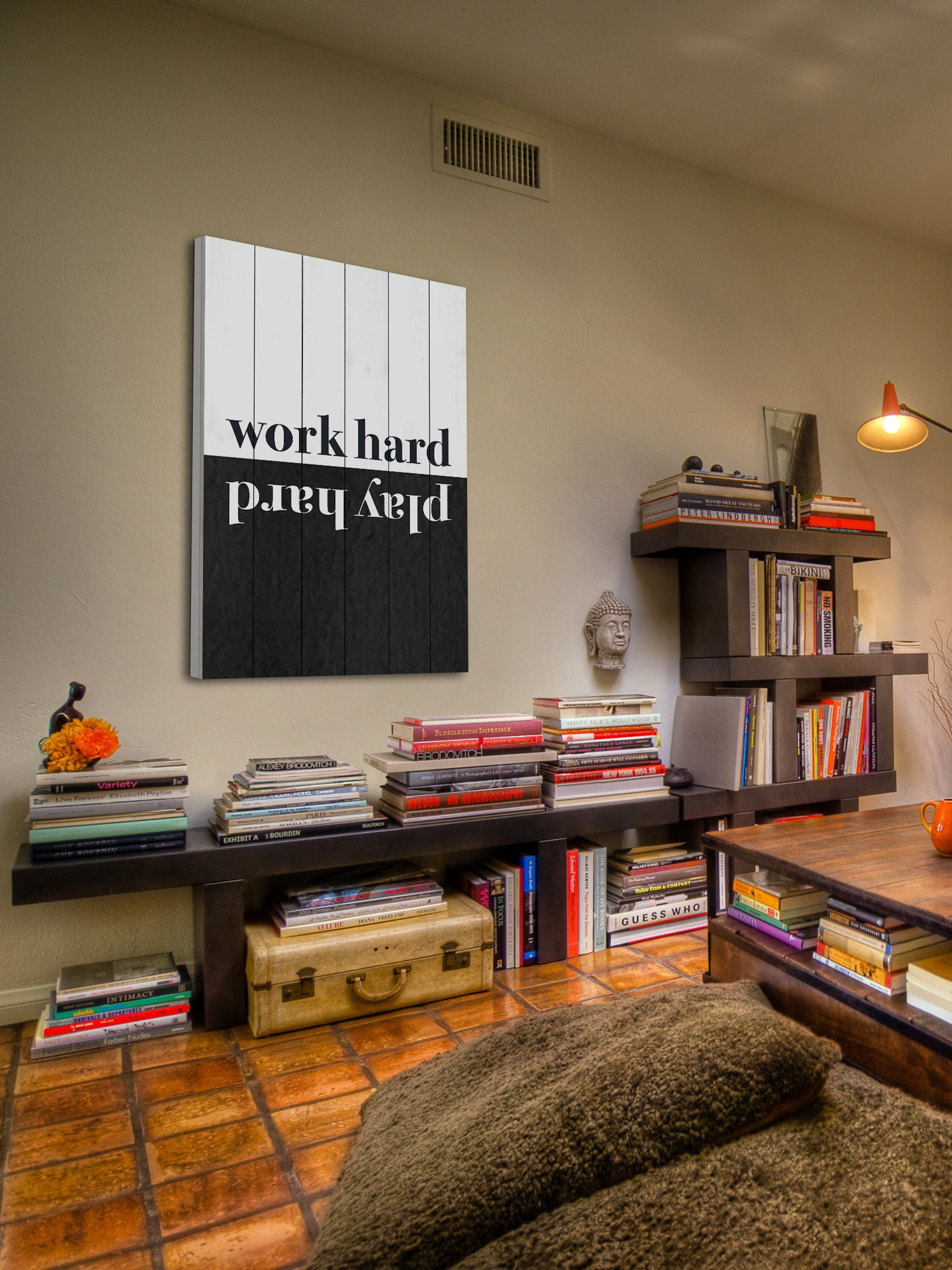 "Work Hard Play Hard" Painting Print on White Wood