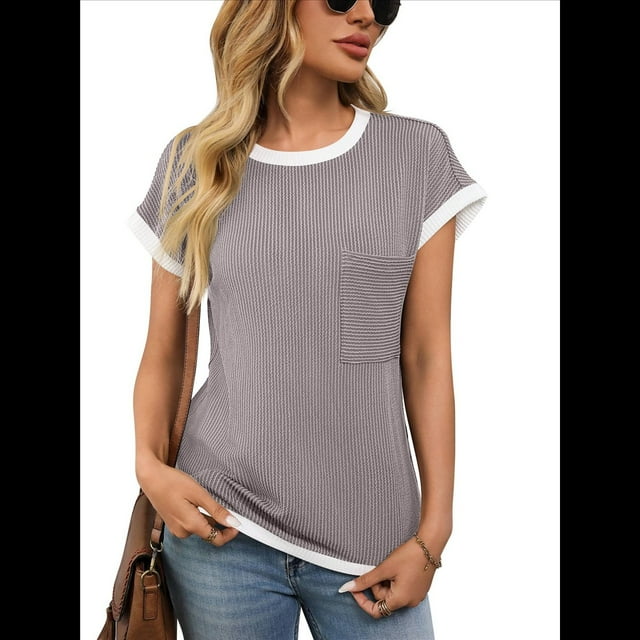 T-shirts à Manches Courtes pour Femmes Col Rond Bloc de Couleur Tricoté Côtelé Blouses Été 2025