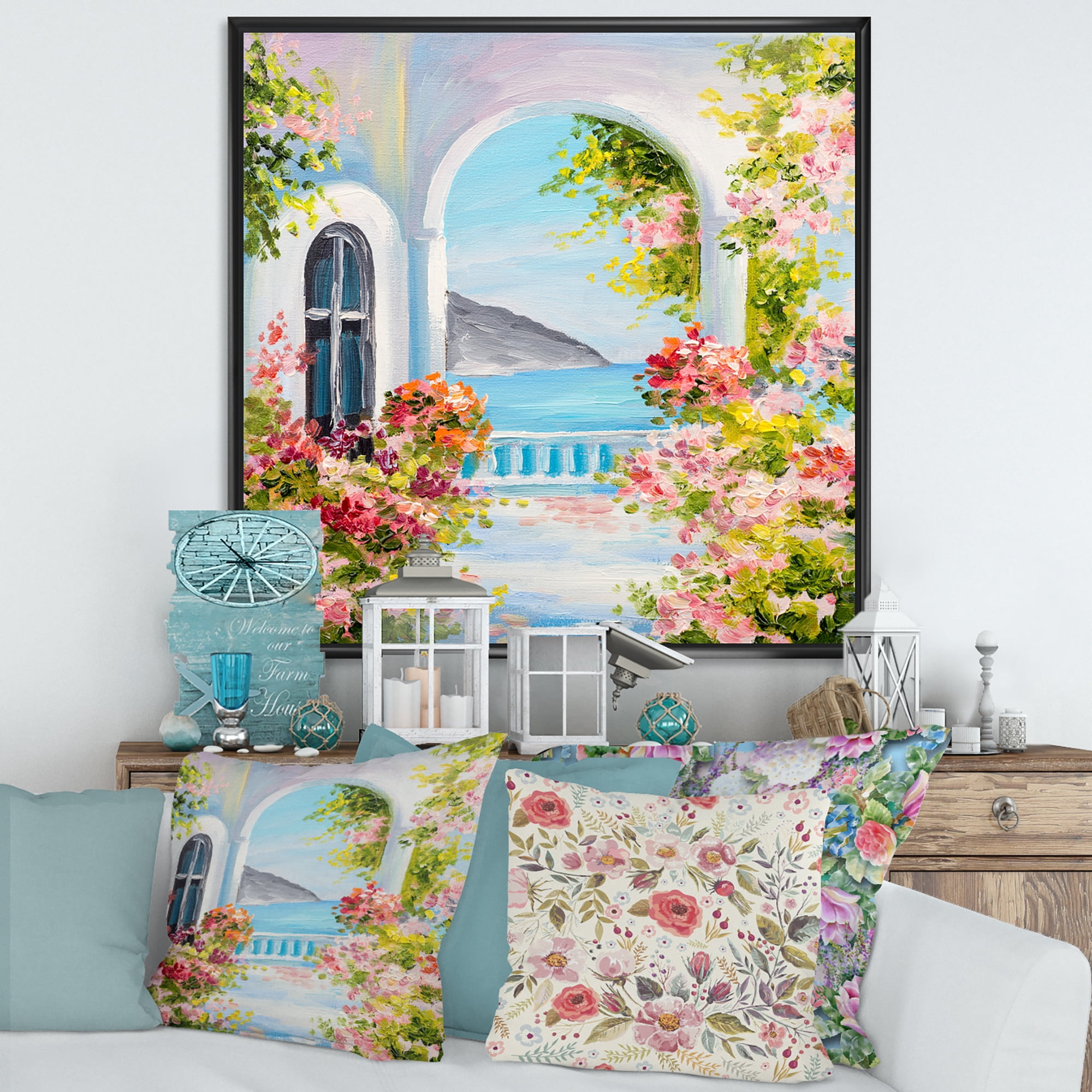 Pink Flowers With Traditional Greek House 36 in x 36 in Framed Painting Canvas Art Print, by Designart