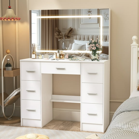Teousev Makeup Vanity with Mirror and Lights, White vanity Desk with 7 Drawers, Large LED Hollywood Mirror, 39.4" Wide