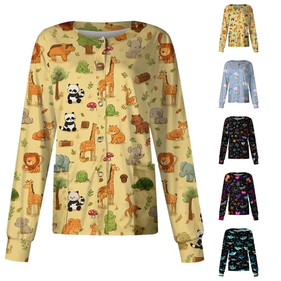 Womens Scrub Tops Cartoon Long Sleeve Crew Neck Medical Scrubs Stretch Breathable Medical Uniform with Pockets, 4XL