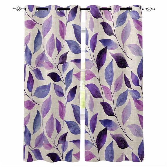 Spring Purple Leaves Blackout Curtains for Bedroom, Country Botanical Pastoral Leaf Beige Thermal Insulated Kitchen Drapes with Grommets, Light Blocking Window Treatment, 2 Panels 42" x 45"