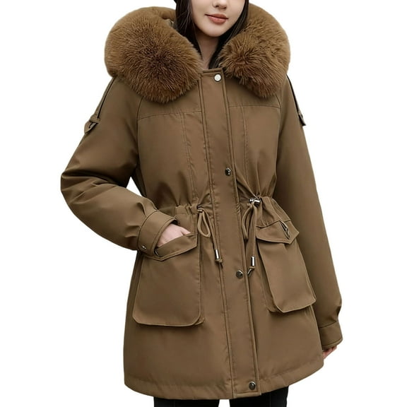 TKLPEHG Winter Coats for Women Fleece Lined Thicken Jackets Oversized Long Sleeve Waterproof Hooded Parka Jacket (Coffee,XXL)
