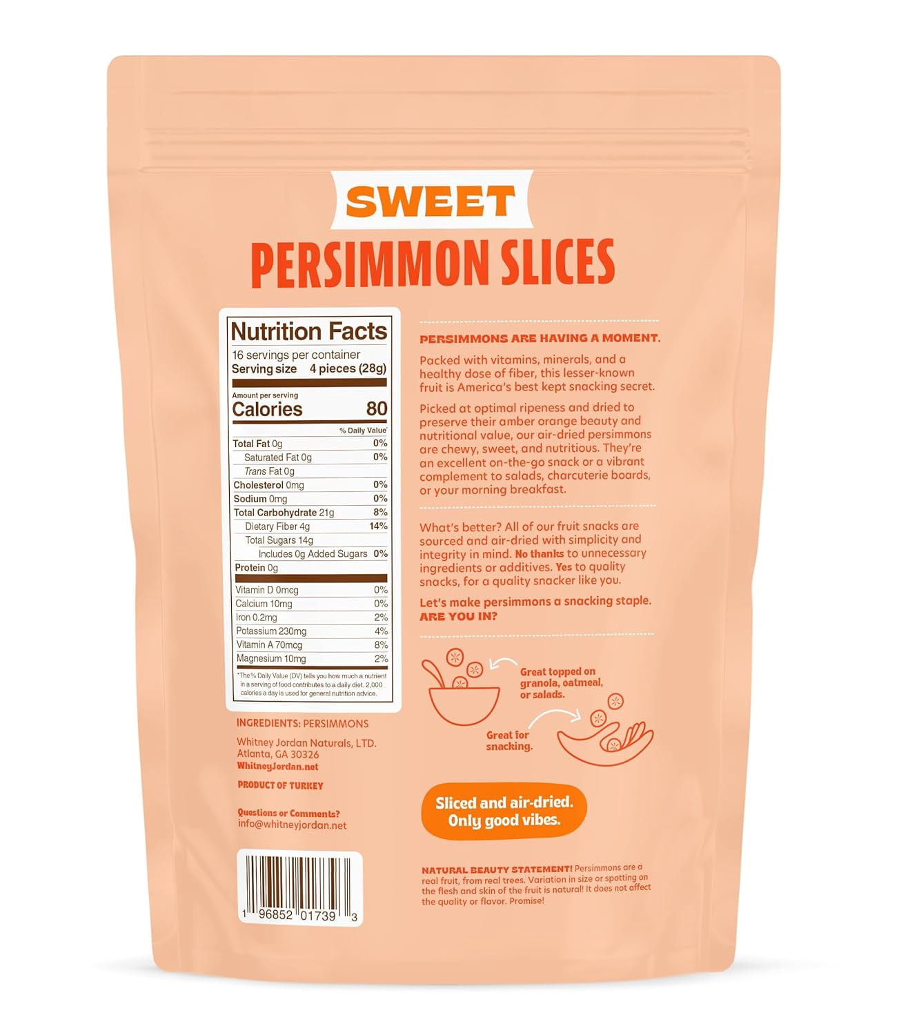 Whitney Jordan Naturals Sweet Air-Dried Persimmon Slices, 16 Ounce