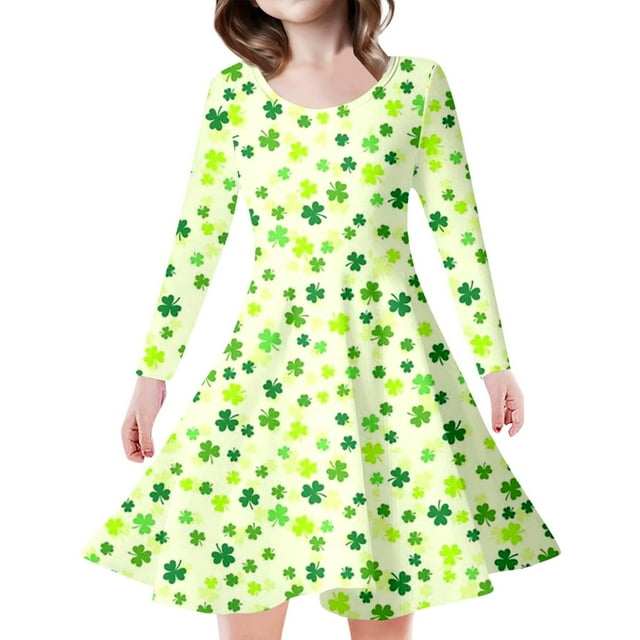 Toimothcn Robe pour Fillettes Manches Longues Décontractée Jour de la Saint-Patrick Trèfle à Quatre Feuilles Robe Imprimée Douce Respirante Ample Été Princesse Robe de Loisirs pour Fille