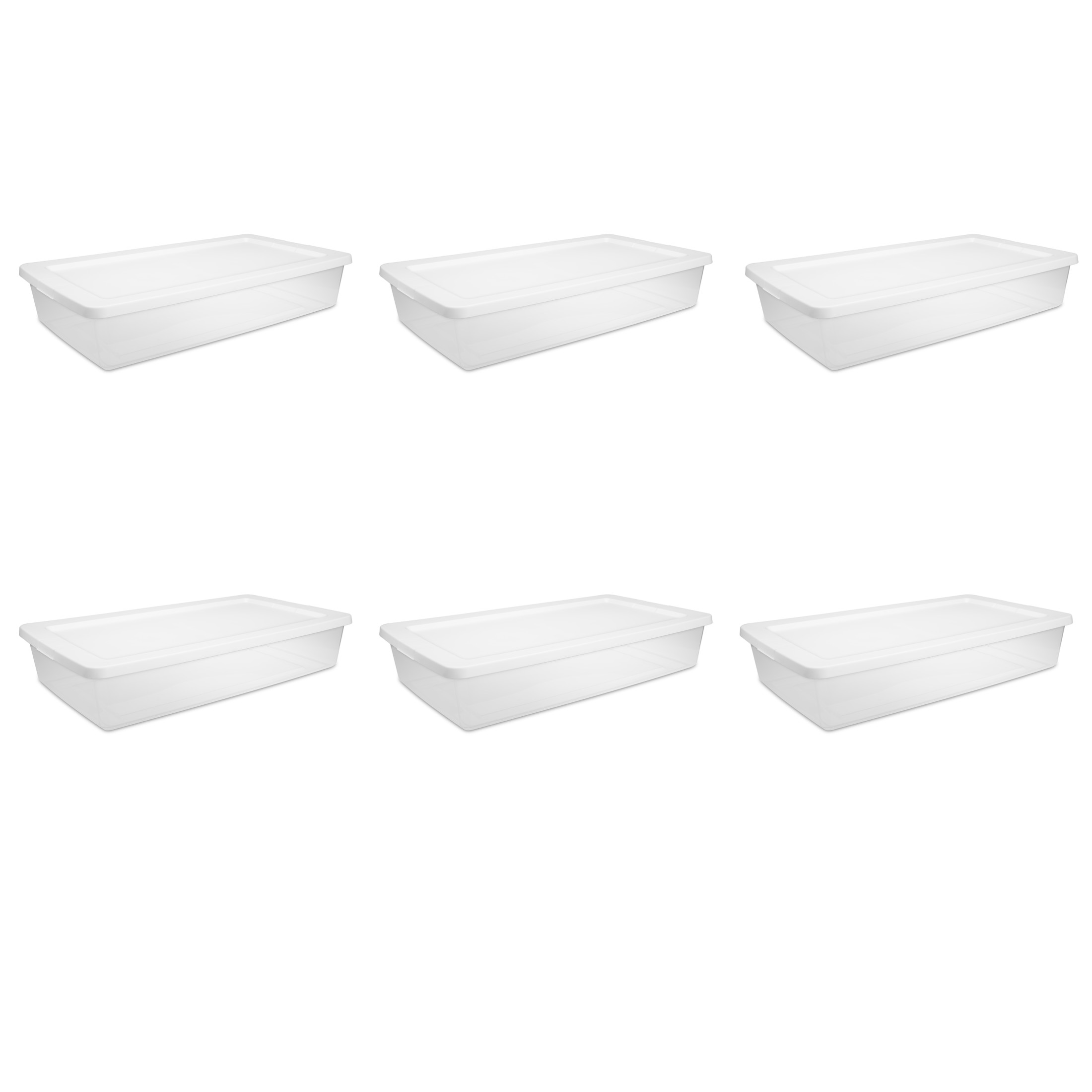 Sterilite Storage Bin, 41 Quart Clear Plastic Underbed Storage Container with Snap-On Lid, White, 6 Pack