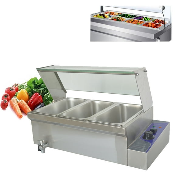 TECHTONGDA Commercial Food Warmer Stainless Steel Bain Marie Buffet Countertop 3-Pot Electric Steam Table 6"Deep