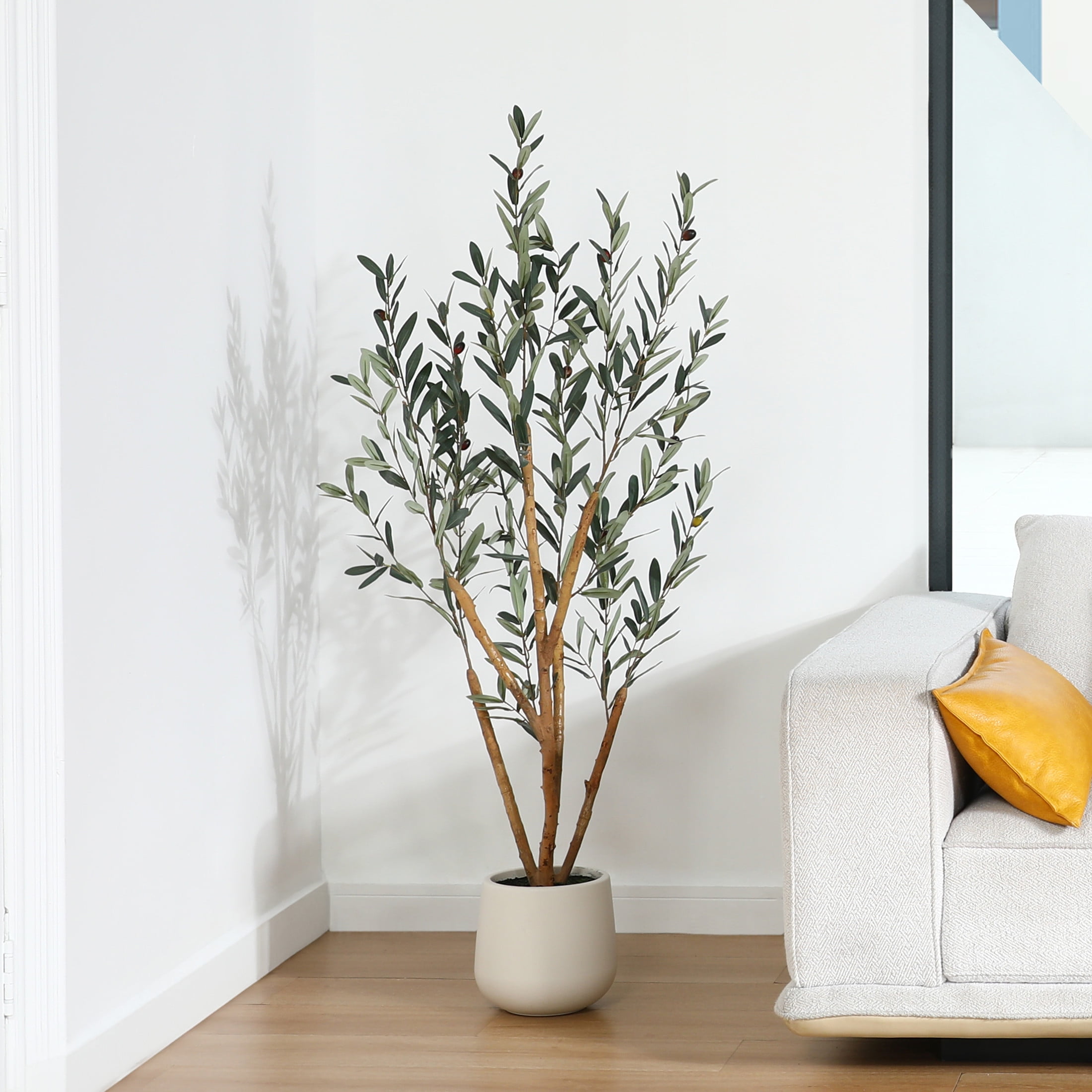 5ft Fake Olive Tree with Oval White Planter, Artificial Olive Plants with Realistic Leaves and Natural Trunk, Big Fake Plants for Home Decor