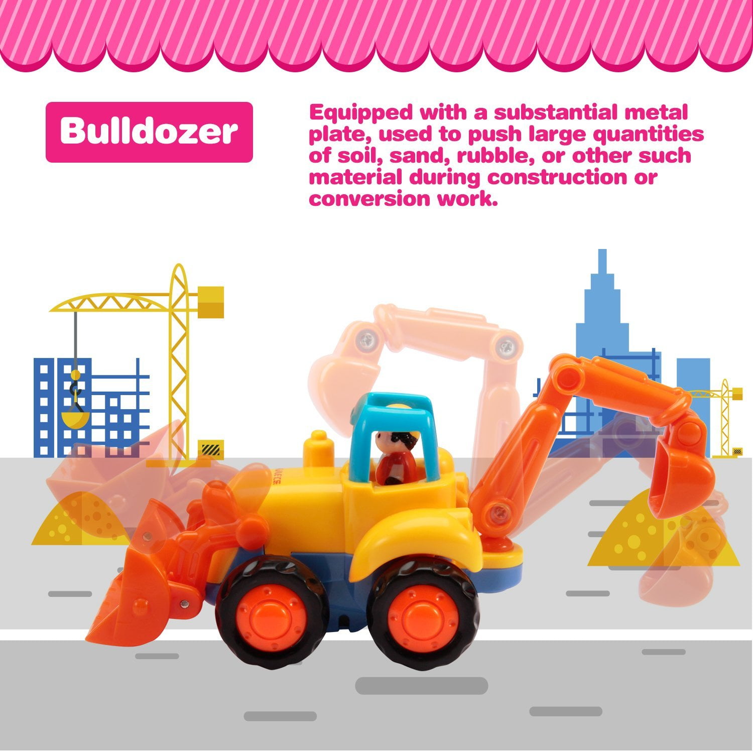 4 Pcs Kids Toys Cars Set Push and Go Cartoon Construction Vehicles Toys Vamslove Friction Powered Cars Early Educational Engineering Gifts Toys for Kids Boys Girls Toddlers Baby 1 2 3 Years Old