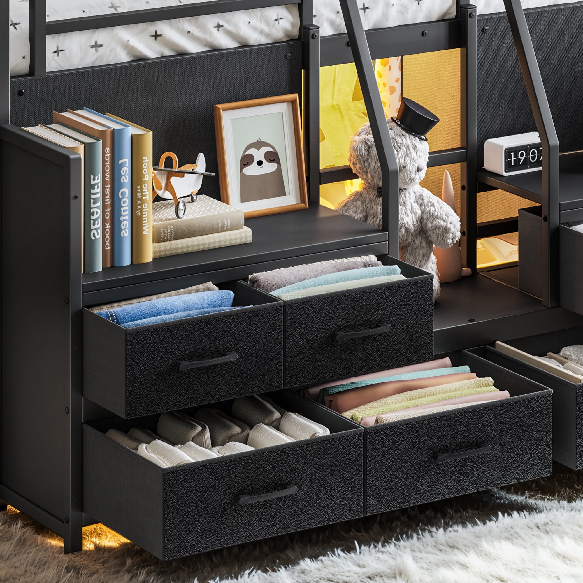 Leumius Full Size Loft Bed with Multi-storage Spaces,Metal Low Loft Bed with Storage Drawers, Shelves,LED Lights and Independent Spaces Under Bed,No Box Spring Needed,Black
