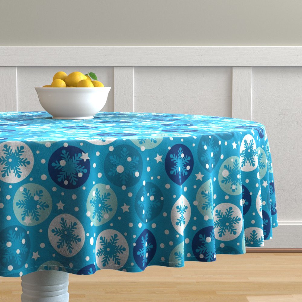 Round Tablecloth Winter Christmas Decor Snowflakes Holiday Blue Cotton