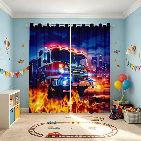 Erosebridal Fire Truck Blackout Curtains, Night Scene Window Curtains Pack of 2 (38x45 Each), Dramatic Night