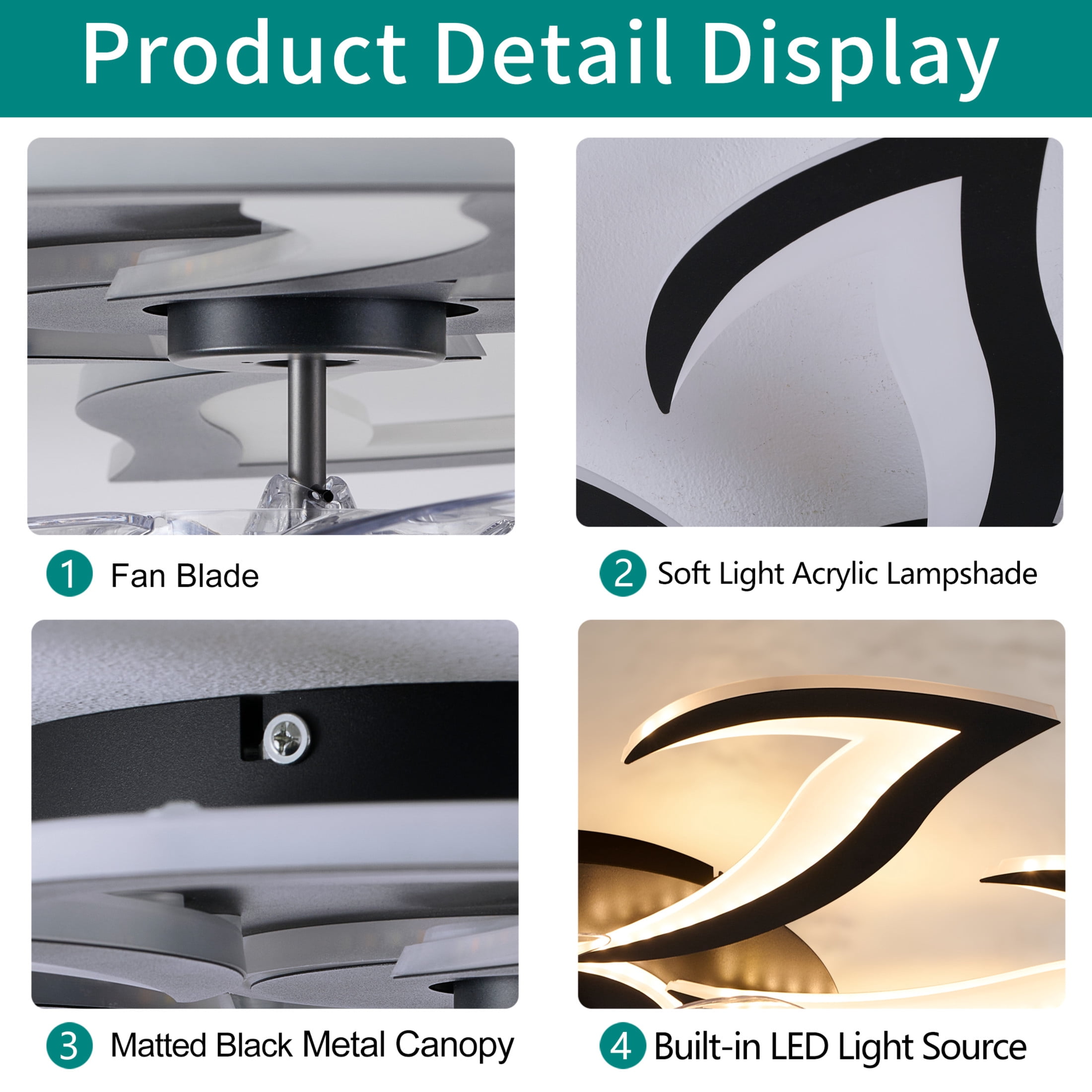 GDF Studio 10-Head Flower Modern Ceiling Fan with LED Lights & Remote Control, Low Profile Flush Mount Fandelier, Black