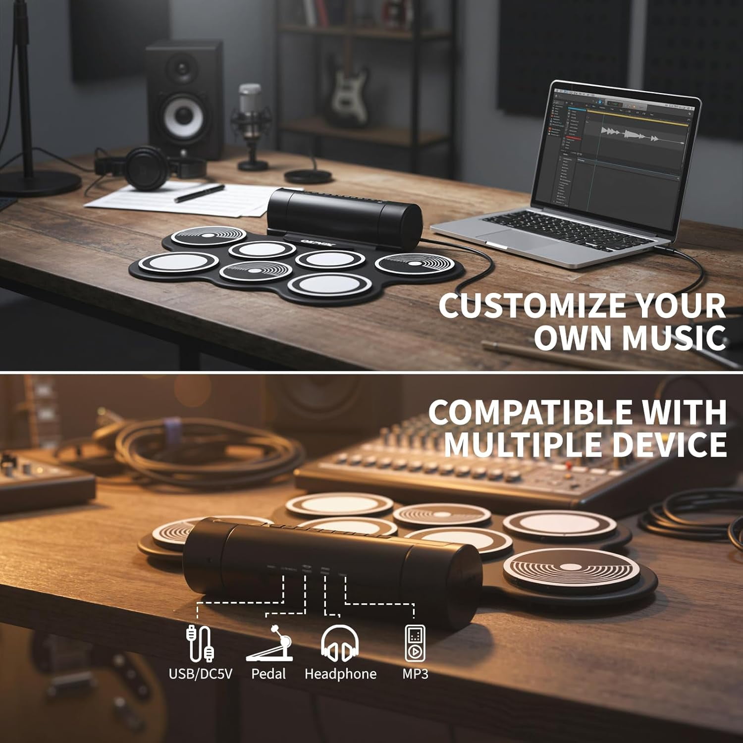7-Pad Electronic Drum Set with Headphone Jack, Built-In Speaker, Drumsticks & Pedals, Portable Electric Drum Kit for Beginners