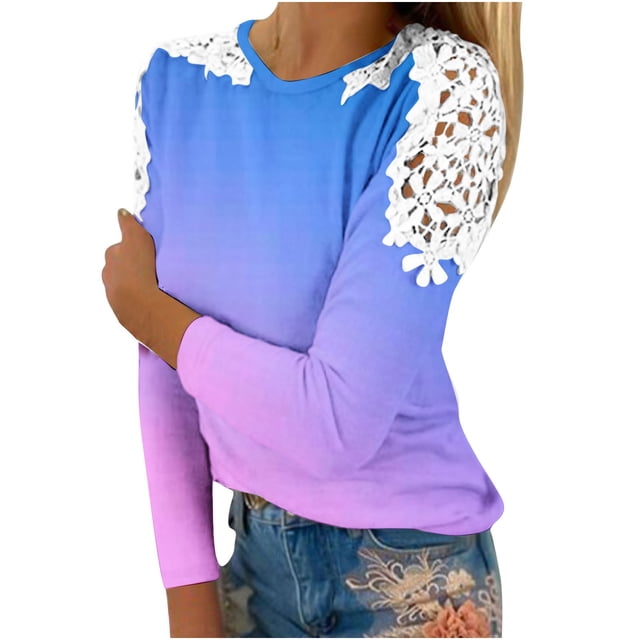 CEHVOM Blouse d'Été Décontractée à Manches Longues pour Femmes Col Rond Imprimé Dentelle T-Shirt Liquidation