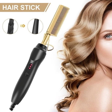 2-in-1 Hot Comb, Temperature Adjustable Electric Heating Comb, Professional High Heat Ceramic Hair Press Comb Gold