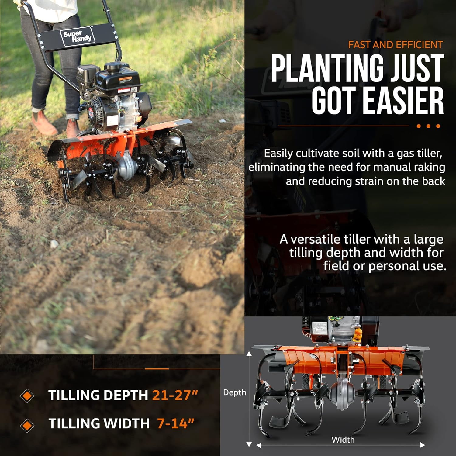 SuperHandy Mini Powered Cultivator - Ground Hand Tiller with Tine Shield, Single Power Tillers