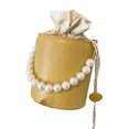 thumbnail image 2 of Drawstring Bucket Bag Retro Fashionable Elegant PU Leather Pearl Chain Shoulder Bag for Dating Yellow Free Size, 2 of 8