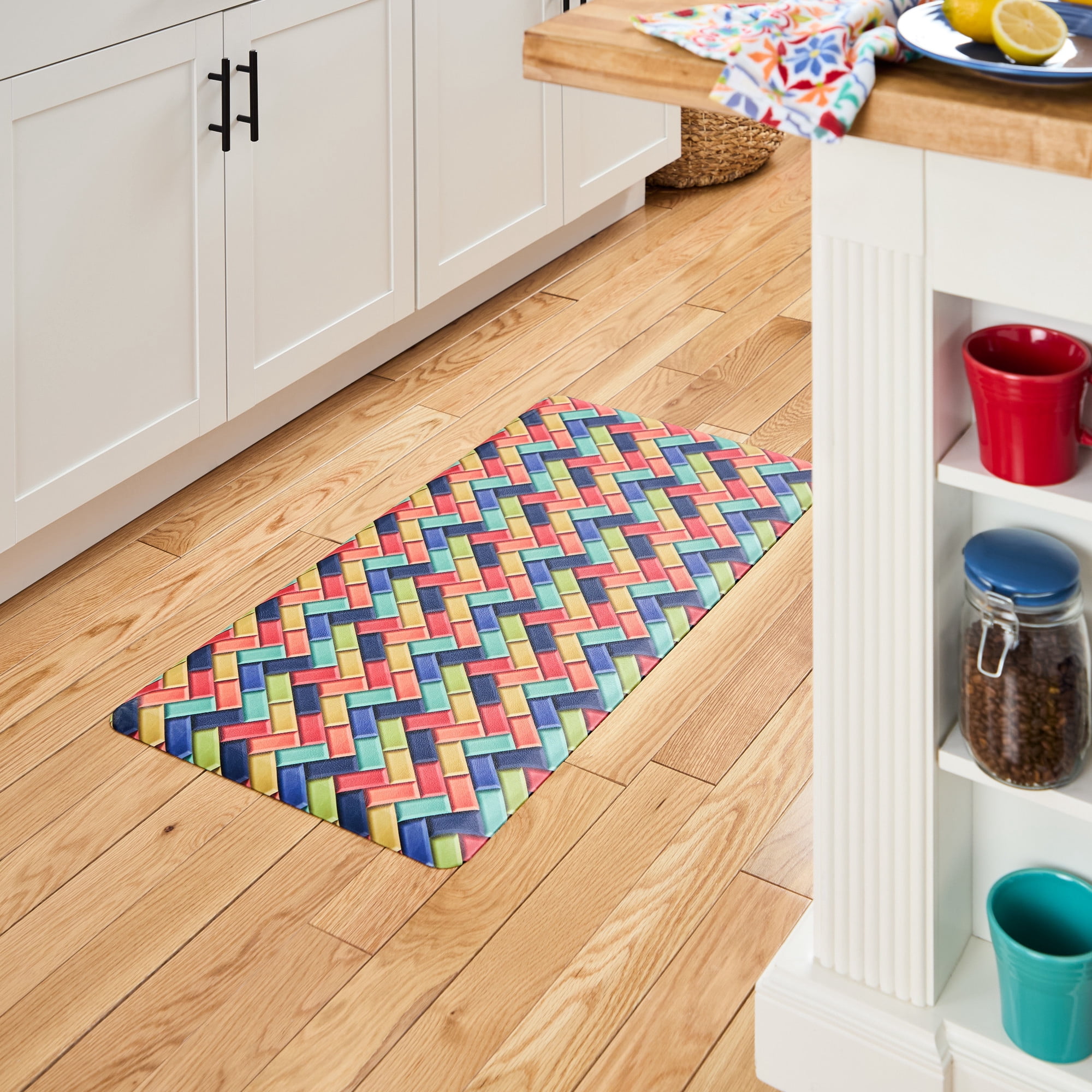 FIESTA Party Herringbone Tiles Modern Geo Anti-Fatigue Comfort Kitchen Mat, Non-Slip Floor Mat, Padded Standing Desk Mat, Red/Blue/Yellow, 20"x39"