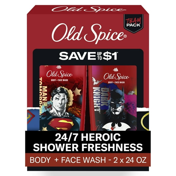 Old Spice Cleansing Body Wash for Men, 24/7 Shower Fresh with Lasting Scent, 2 in 1 Body and Face Wash, Rich Lather, Twin Pack, Superman and Batman, 2 x 24oz