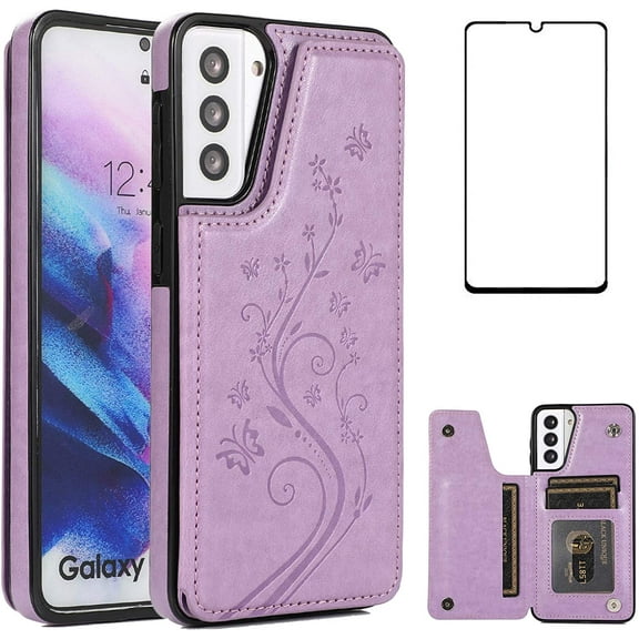 Phone Case for Samsung Galaxy S21 Glaxay S 21 5G 6.2 inch with Tempered Glass Screen Protector and Card Holder Wallet Cover Stand Flip Leather Cell Accessories Gaxaly 21S G5 Cases Women Girl Purple