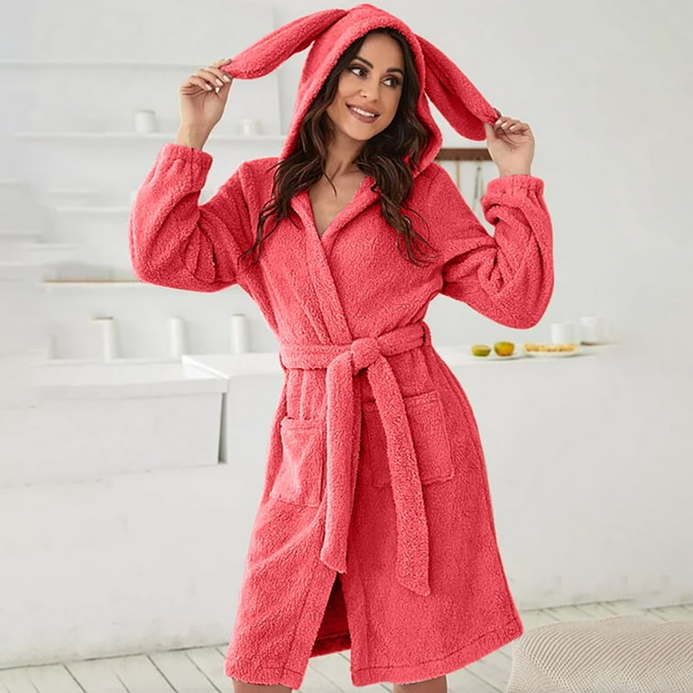 Frostluinai Gifts Savings 2024! Bathrobes for Women Fleece Hooded Bath Robe  Plush Solid Winter Bathrobe Short Robe w/ Pockets & Belts