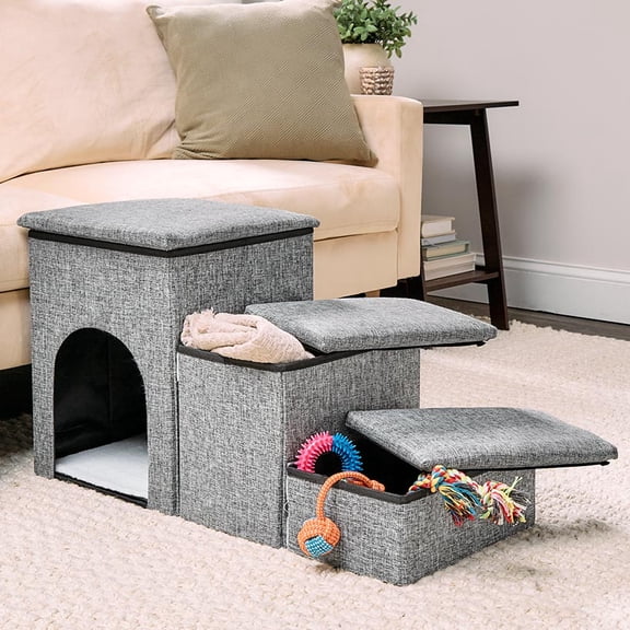 Foldable Pet Stairs With Storage Boxes and Cozy Pet Nook Portable