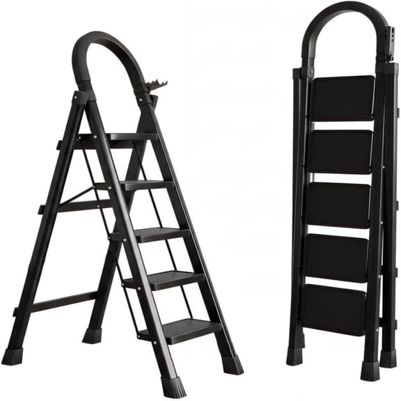 innhom 5-Step Folding Ladder - 330 lbs capacity, sturdy steel frame construction, wide non-slip steps and top handrail, versatile lightweight folding ladder, black