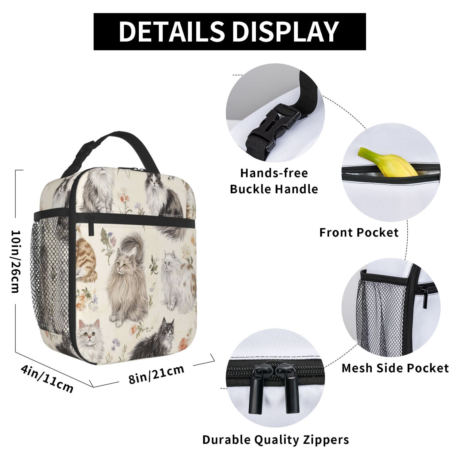 Lunch Bag For Women Men Insulated Portable Lunch Box Bento Box Office Picnic Travel Cooler Bag Stylish Long-Haired Cat