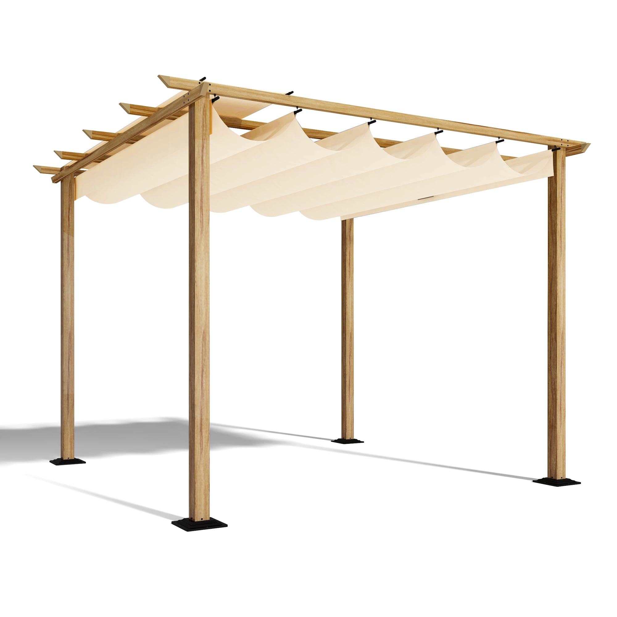 10 Ft X 10 Ft Wood Grain Aluminum Outdoor Pergola With Beige Retractable Shade Canopy