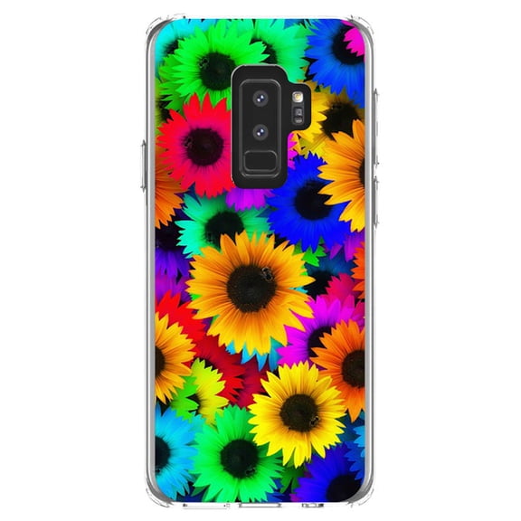 DistinctInk Clear Shockproof Hybrid Case for Samsung Galaxy S9  PLUS (6.2" Screen) - TPU Bumper, Acrylic Back, Tempered Glass Screen Protector - Red Green Yellow Sunflowers
