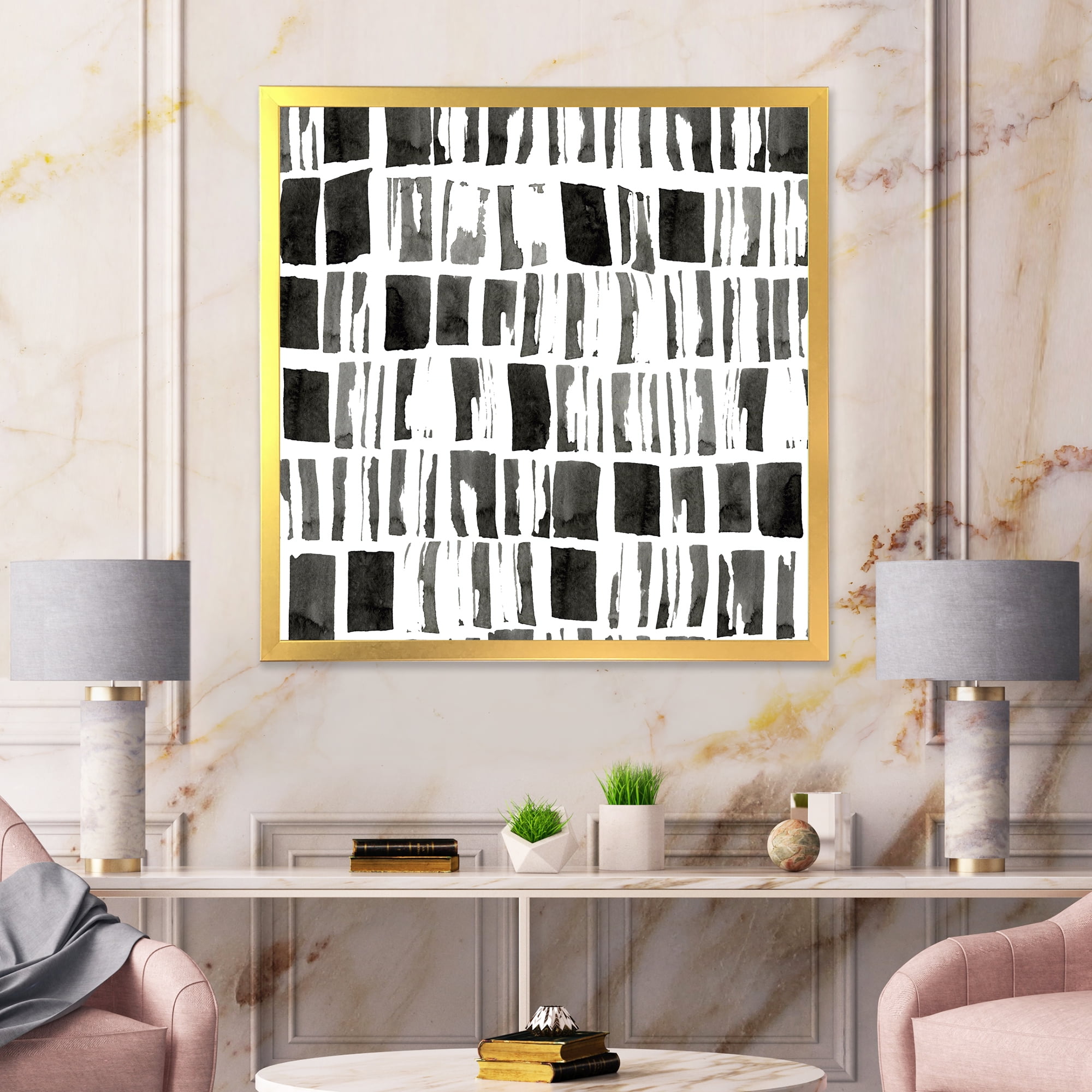 Designart 'Abstract Black and White Bricks' Modern Framed Art Print