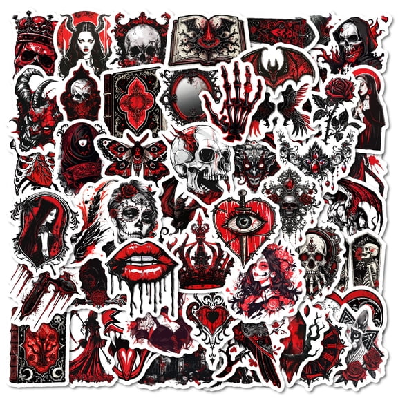 50PCS Gothic Devil Skull Stickers Pack, Waterproof Vinyl Red Black Punk Horror Decals for Skateboard Laptop Luggage, Halloween Goth Gift for Teens Adults