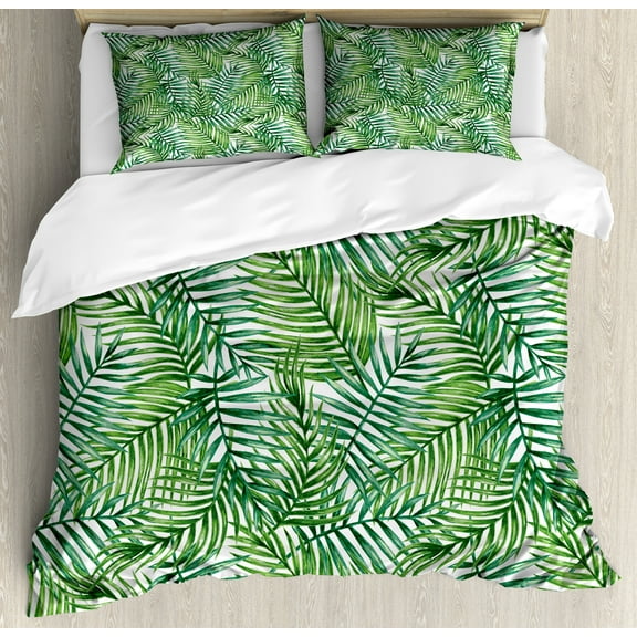 Leaf Duvet Cover Set, Watercolor Print Botanical Wild Palm Trees Leaves Ombre Design Image Exotic Jungle, Decorative 3 Piece Bedding Set with 2 Pillow Shams, Calking Size, Green White, by Ambesonne