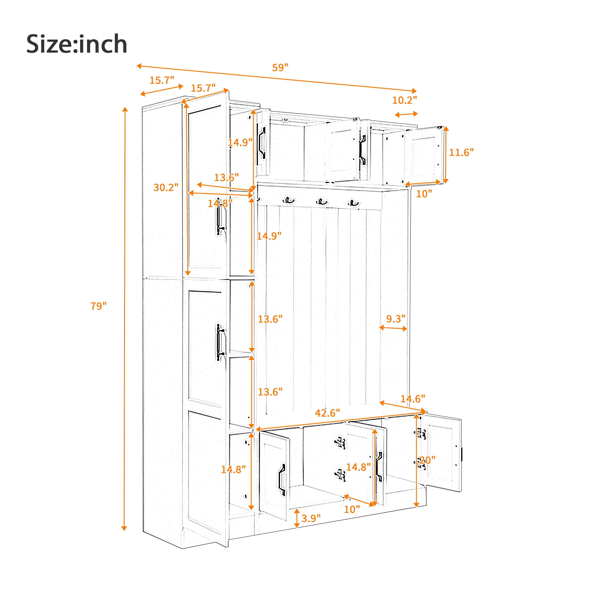 Mintazer 79"H Tall 4-in-1 Entryway Hall Tree with Bench, 6 Cabinets, 4 Coat Hooks & Adjustable Shelf for Hallway, Living Room, White